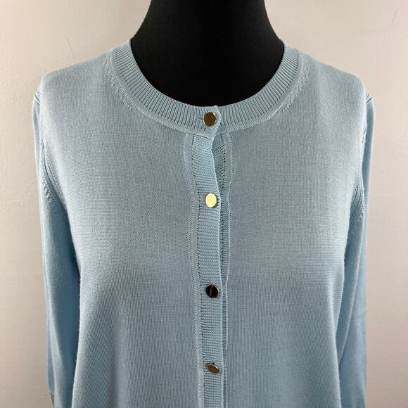 ST. JOHN Blue Cardigan Sweater Wool Button Front Ribbed Crew Neck Knit Sz Medium - Picture 3 of 9